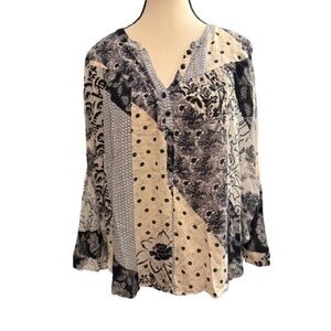 Maeve Anthropologie Black Cream Patchwork Floral Polka Dot Blouse Sz Small